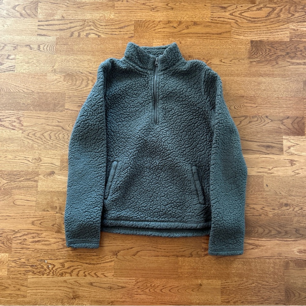 Abercrombie Women Sherpa Fleece 1/4 Zip Pullover S Soft Pocket Olive Green Army - Picture 2 of 7